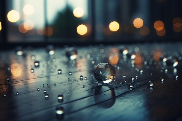 Een close-up van waterdruppels op een houten oppervlak met lichtjes op de achtergrond