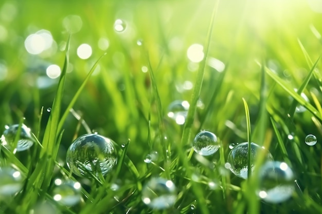 Een close-up van waterdruppels op het gras