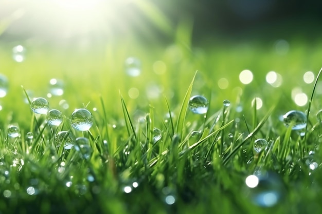 Een close-up van waterdruppels op het gras