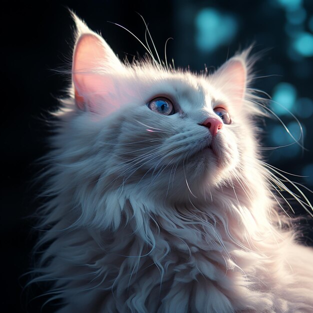 een close-upbeeld van een witte kat in de stijl van fotografie met tegenlicht en realistische details