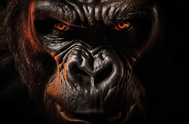 een close-upbeeld van het gezicht van een gorilla met een boze uitdrukking in de stijl van donker en dramatisch