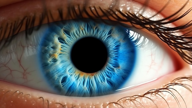 Foto een close-upweergave van een blauw menselijk oog generatieve ai