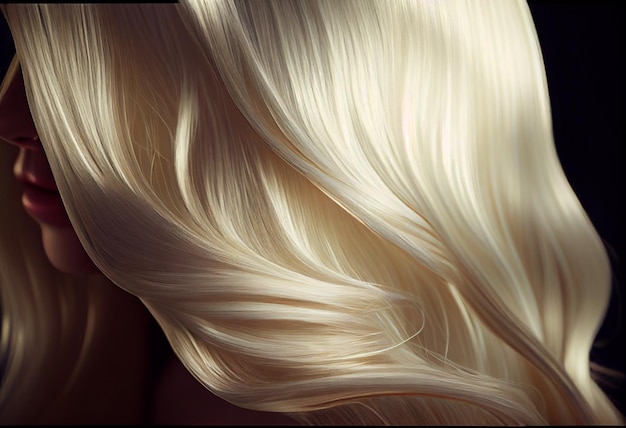 Een close-upweergave van een bos glanzend steil blond haar in een golvende gebogen stijl AI gegenereerd