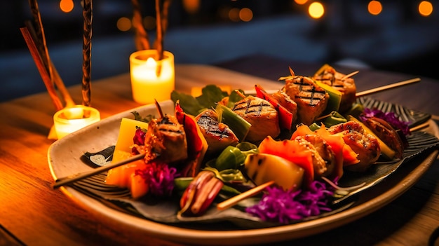 Een close-upweergave van een voortreffelijk bereide verfijnde maaltijd bereid door een persoonlijke chef-kok op een afgelegen strandtafel omringd door romantische verlichting