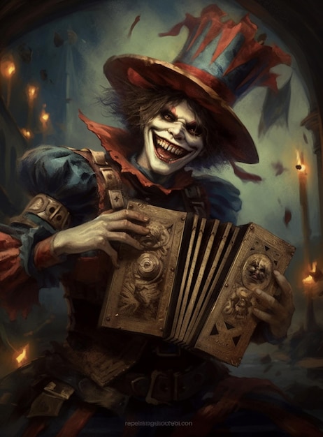 Een clown die accordeon speelt in een donkere scène.