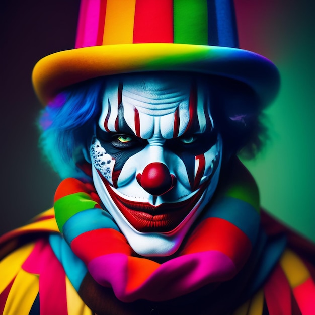 Een clown met een regenbooghoed en regenboogkleuren op zijn gezicht.