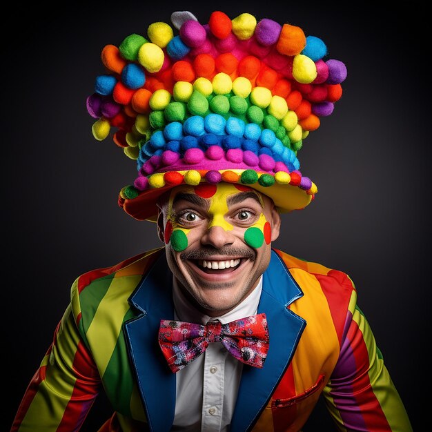 Een clown met een regenbooghoed.