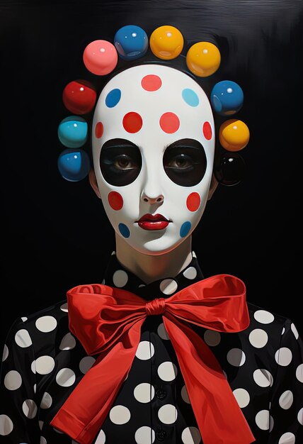een clown met een rode boog op haar gezicht wordt getoond met een rodeboog