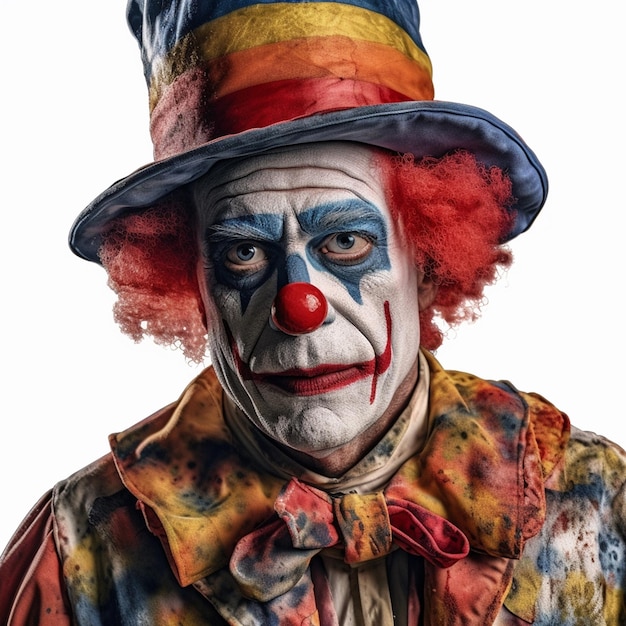 Een clown met een rode hoed en een blauwe hoge hoed.