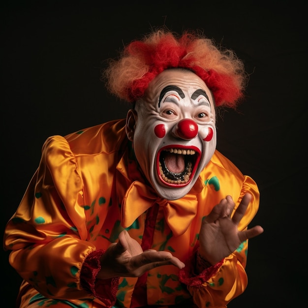 Foto een clown met een rood gezicht en een wit clownsgezicht met de tekst 