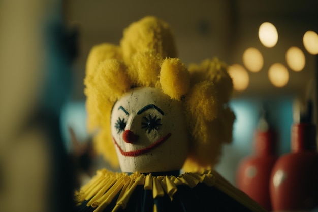 Een clown met geel haar en een gele pruik staat in een kamer met lichtjes op de achtergrond.
