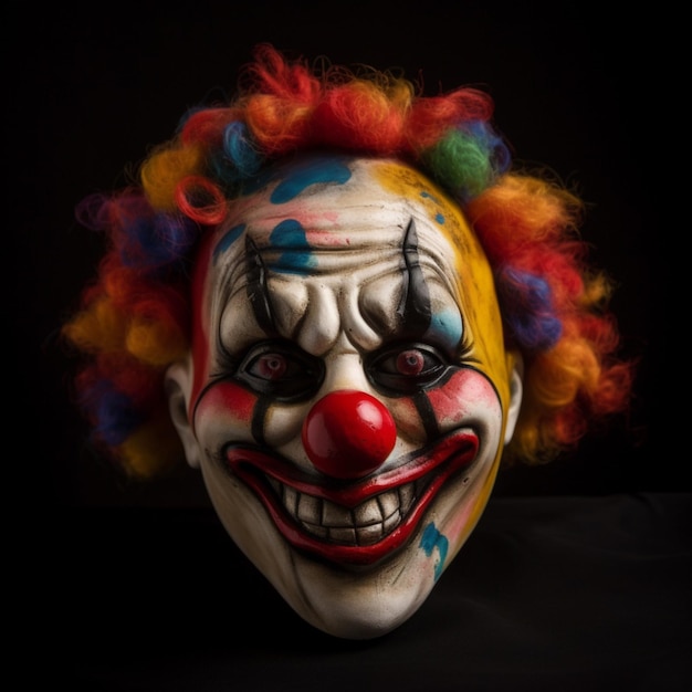 Een clown met veelkleurig haar en een rode neus staat op een zwarte achtergrond.