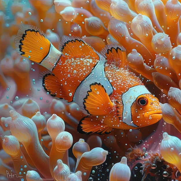 Een clownvis die zwemt in een oranje zee-anemone