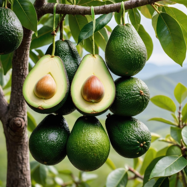 Een cluster levendige groene avocado's sierlijk opgehangen aan een boom