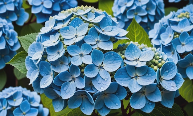 Een cluster van blauwe hortensia bloemen met dauwdruppels