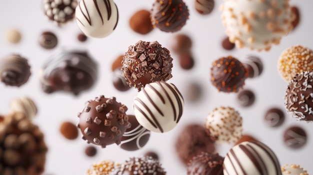 Een cluster van chocolade truffels in verschillende smaken d stijl geïsoleerde vliegende objecten memphis stijl d render AI gegenereerde illustratie