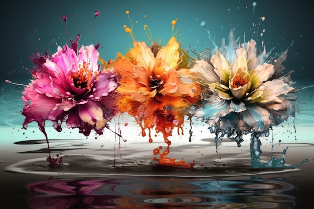 een cluster van drie felgekleurde bloemen die op een plas water rusten