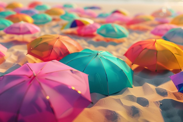 Een cluster van kleurrijke paraplu's die een zandstrand bedekken