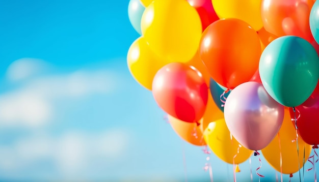 Een cluster van kleurrijke verjaardagsballonnen zweeft in de lucht
