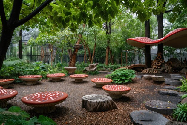 Een cluster van rode banken geplaatst in het midden van een dicht bos omringd door torenhoge bomen een grillige speeltuin gevuld met paddenstoel banken en varens luifel AI gegenereerd