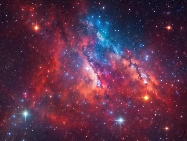 Een cluster van sterren, elk met zijn eigen nevel in een fascinerende mix van kleuren en vormen, wordt gegenereerd