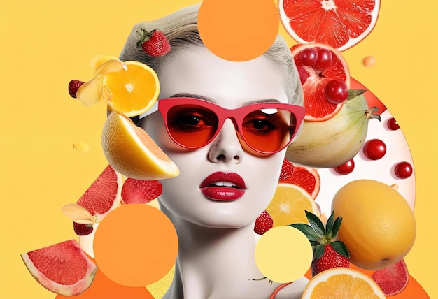 een collage met fruit in een kader eromheen in de stijl van fashionillustration