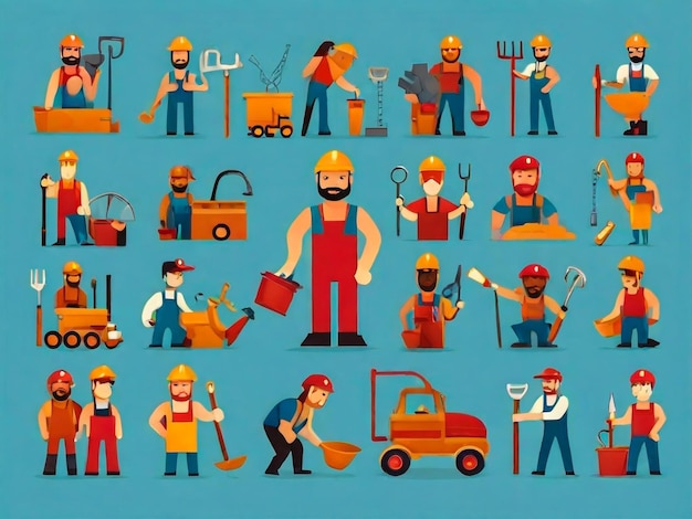 een collage van cartoon personages, waaronder een man en een gereedschap