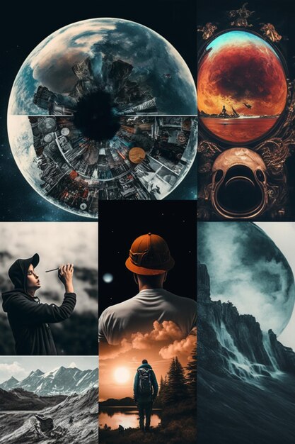 Een collage van een man die naar een planeet kijkt met de woorden planeet mars erop