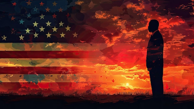 Een collage van een zwarte man tegen de achtergrond van de Amerikaanse vlag en een heldere hemel