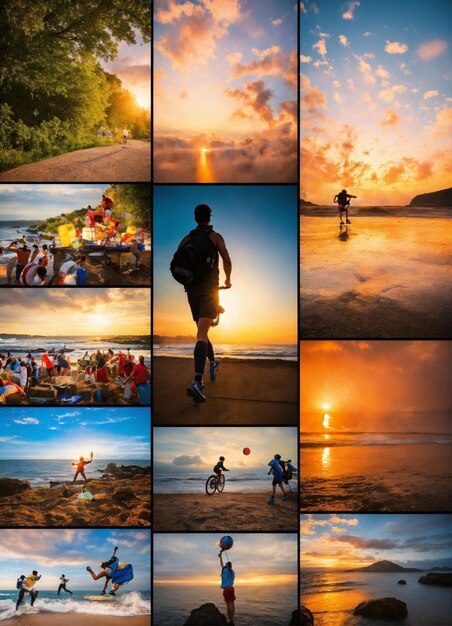 Foto een collage van foto's met een zonsondergang en een man op het strand