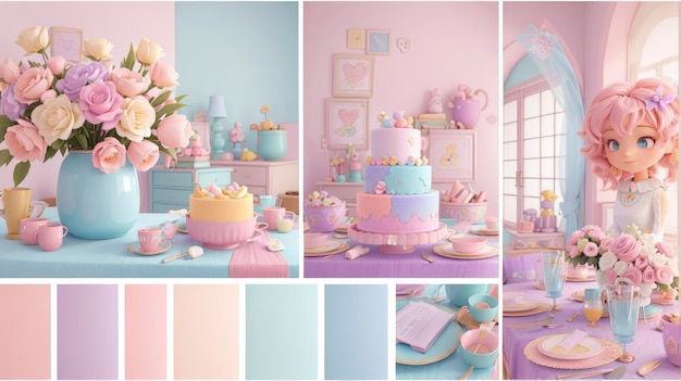 een collage van foto's van een meisjesverjaardagsfeestje met een taart en bloemen