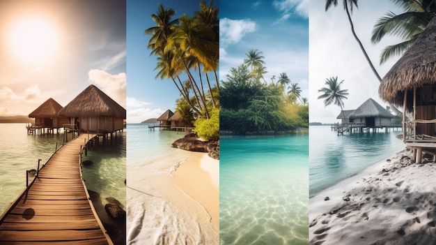 Een collage van foto's van een strand en palmbomen