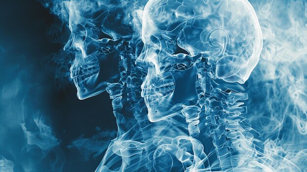 Foto een collage van gedetailleerde bluetoned x-ray beelden met verschillende hoeken en delen van de menselijke skel