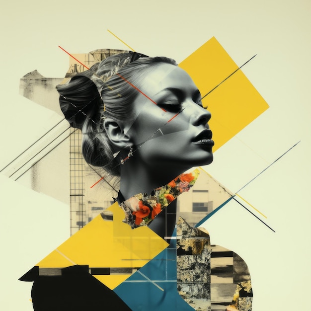 een collage van het gezicht van een vrouw met geometrische vormen