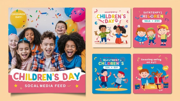 een collage van kinderfoto's met een kinderdagposter