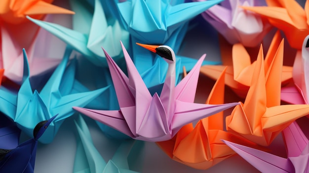 een collage van kleurrijke origami kraanvogels die vriendschap en eenheid vertegenwoordigen