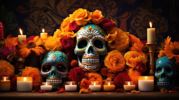 een collage van traditionele Day of the Dead-elementen, waaronder goudsbloemkaarsen en suikerschedels