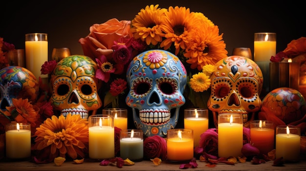 een collage van traditionele Day of the Dead-elementen, waaronder goudsbloemkaarsen en suikerschedels