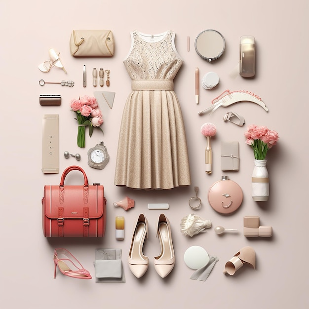 Een collectie accessoires waaronder een jurk, schoenen en accessoires.