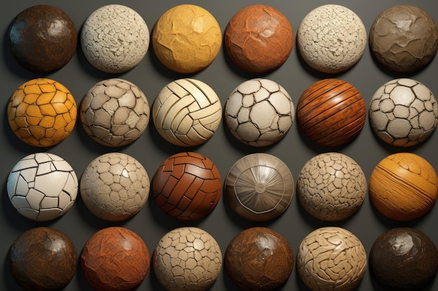 een collectie handgemaakte keramische ballen met een wit en bruin patroon.