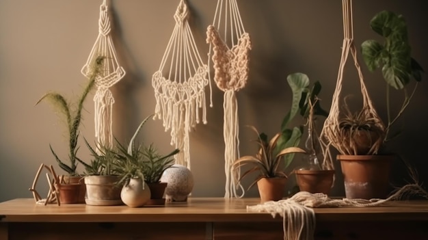 Foto een collectie hangkussens met aan de linkerkant een plant.
