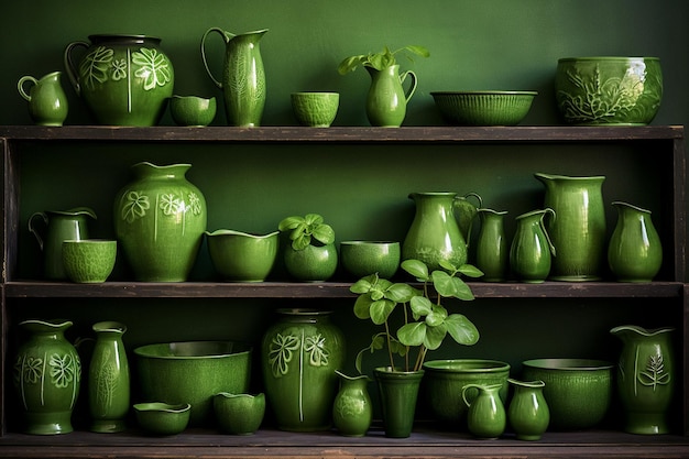 Een collectie pottenbakken met een Shamrock-thema