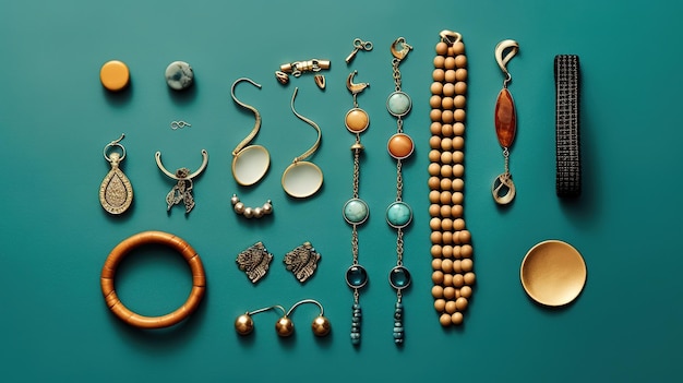 Een collectie sieraden waaronder een ketting, oorbellen en oorbellen