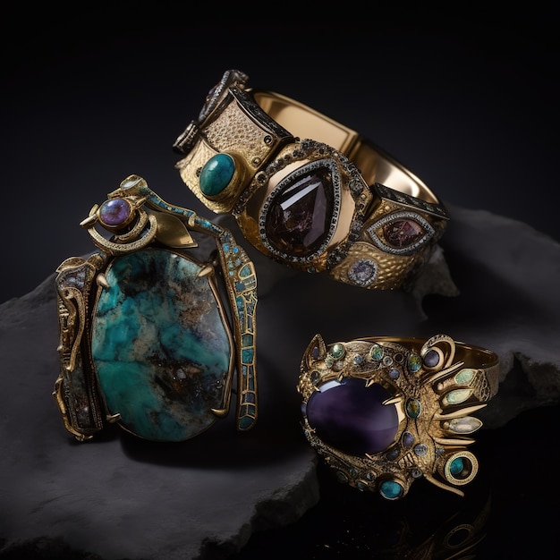 Een collectie sieraden waaronder een turquoise en gouden armband.