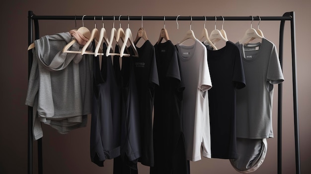 Een collectie sportkleding en workoutkleding op een kledingrek