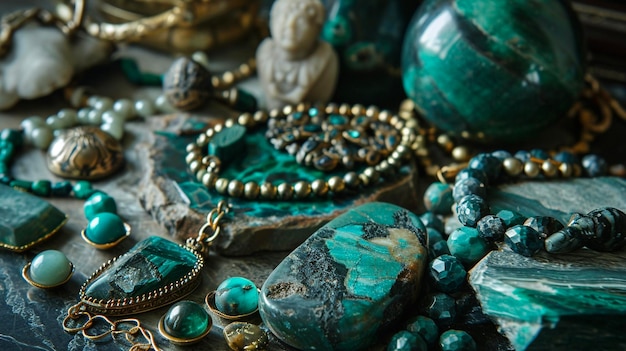 Foto een collectie turquoise en gouden sieraden