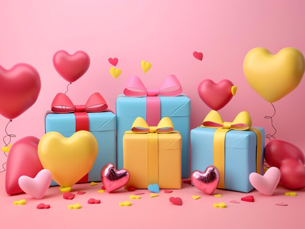 een collectie van kleurrijke dozen met harten en harten op een roze achtergrondLiefde hart en geschenk doos c