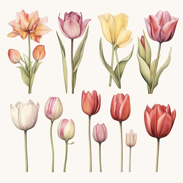 Foto een collectie van kleurrijke tulpen op een witte achtergrond.