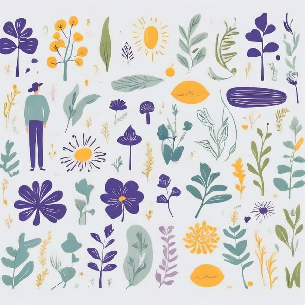 Een collectie van met de hand getekende naadloze patronen kleurrijke abstracte planten en bloemen