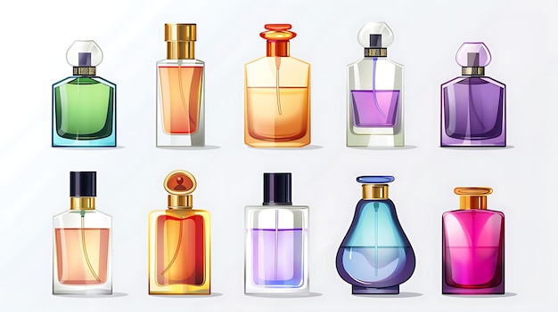 Foto een collectie van tien verschillende parfuumflessen. de flessen zijn allemaal van verschillende vormen en maten en ze zijn allemaal gemaakt van verschillende materialen.